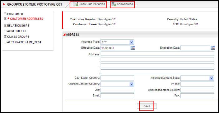 Group Customer Address Screen showing security applied